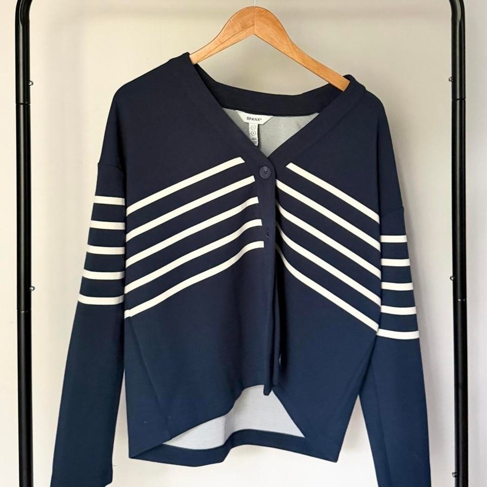 Spanx Navy Striped Cardigan Women's Large Preppy Coastal Nautical Button Sweater